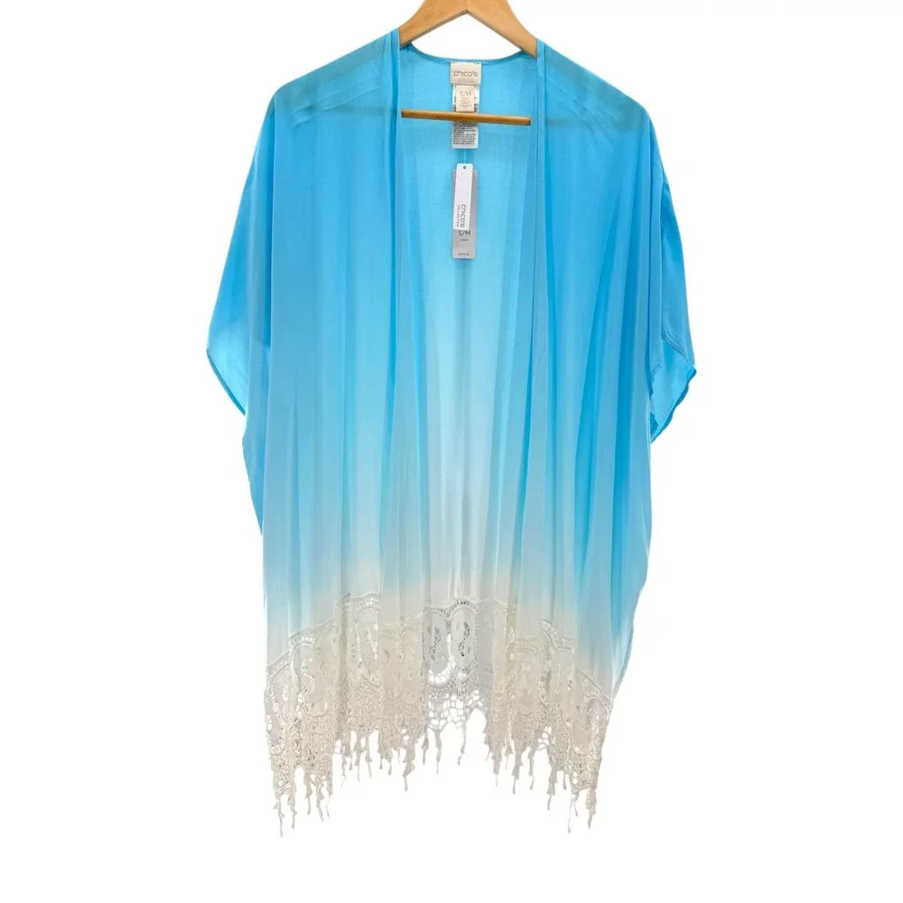Chico's Dip Dye Ruana Poncho Blue White Ombre Crochet Lace Fringe Kimono S/M New